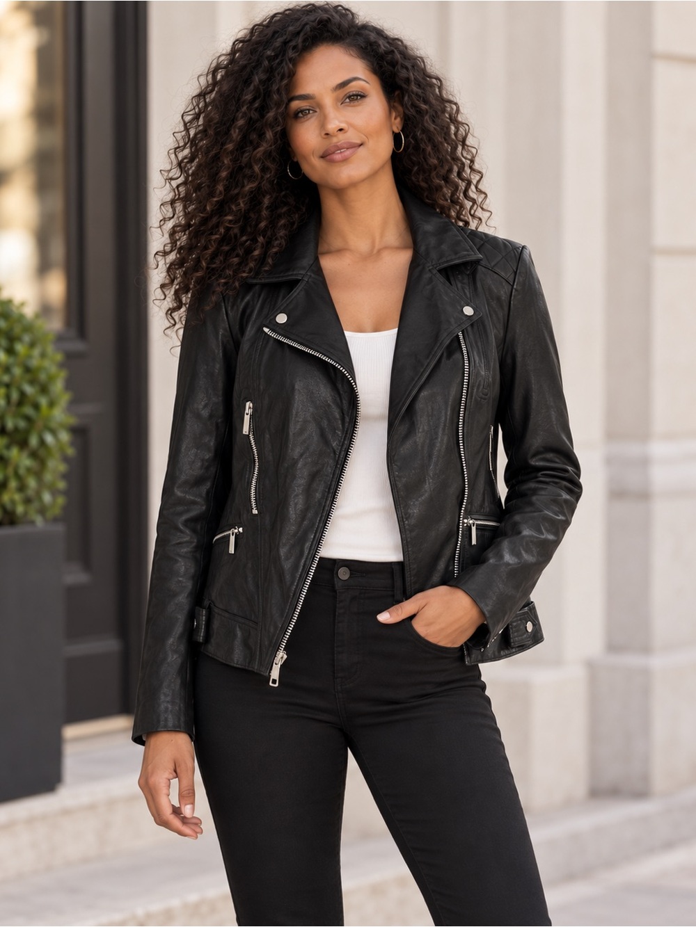 Karen Millen Black Leather Moto Biker Jacket Quilted US 8